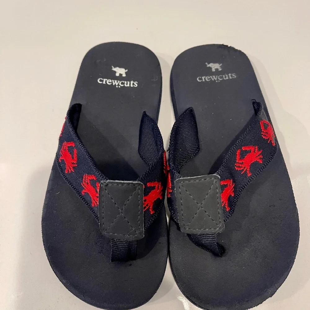 J.Crew Crewcuts Kids Flip-Flops – Blue w/ Red Crab Embroidery, Size 11